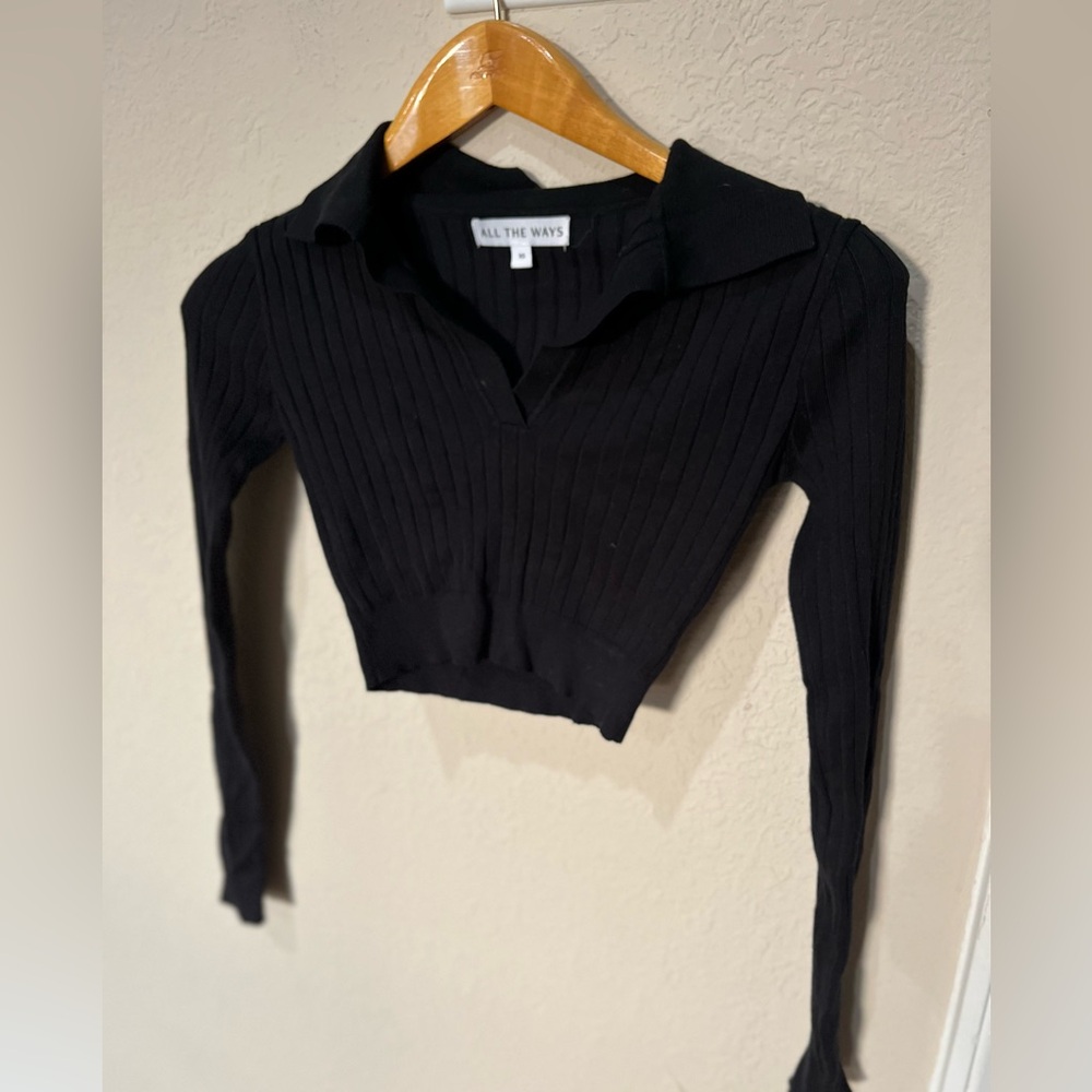 Ribbed Cropped Collared Sweater - image 1